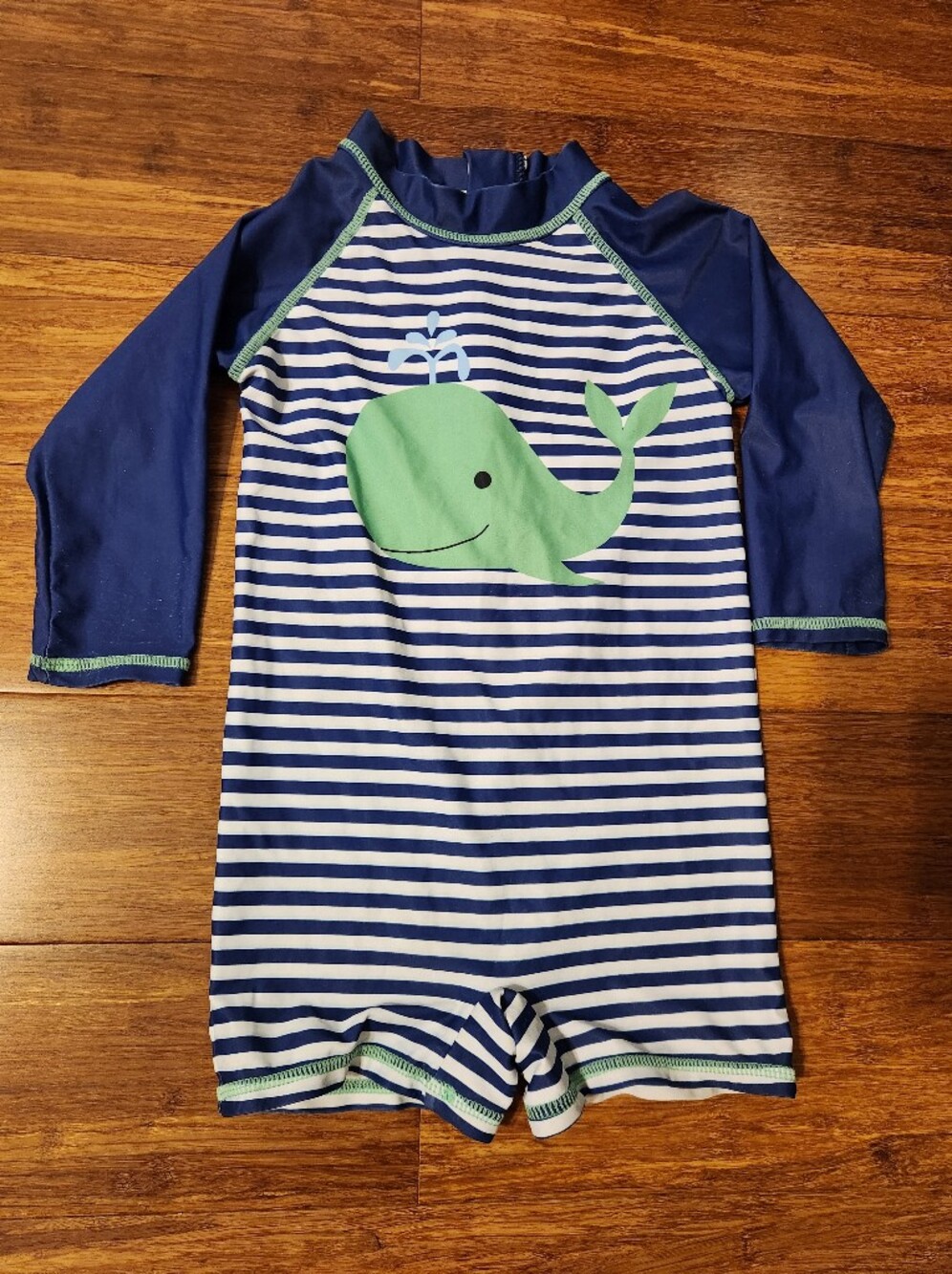 Kids Navy & White Striped Whale One Piece Long Sleeve Shorts Rash Guard 2T